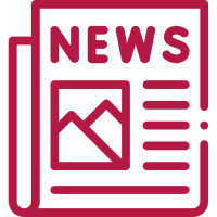 Red newspaper icon with image outline.