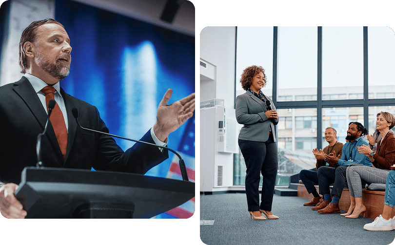 Man and woman speaking to audiences.