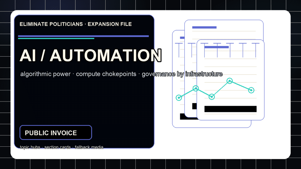 Dark editorial dossier graphic showing AI and automation as a power layer with compute nodes and institutional document marks.