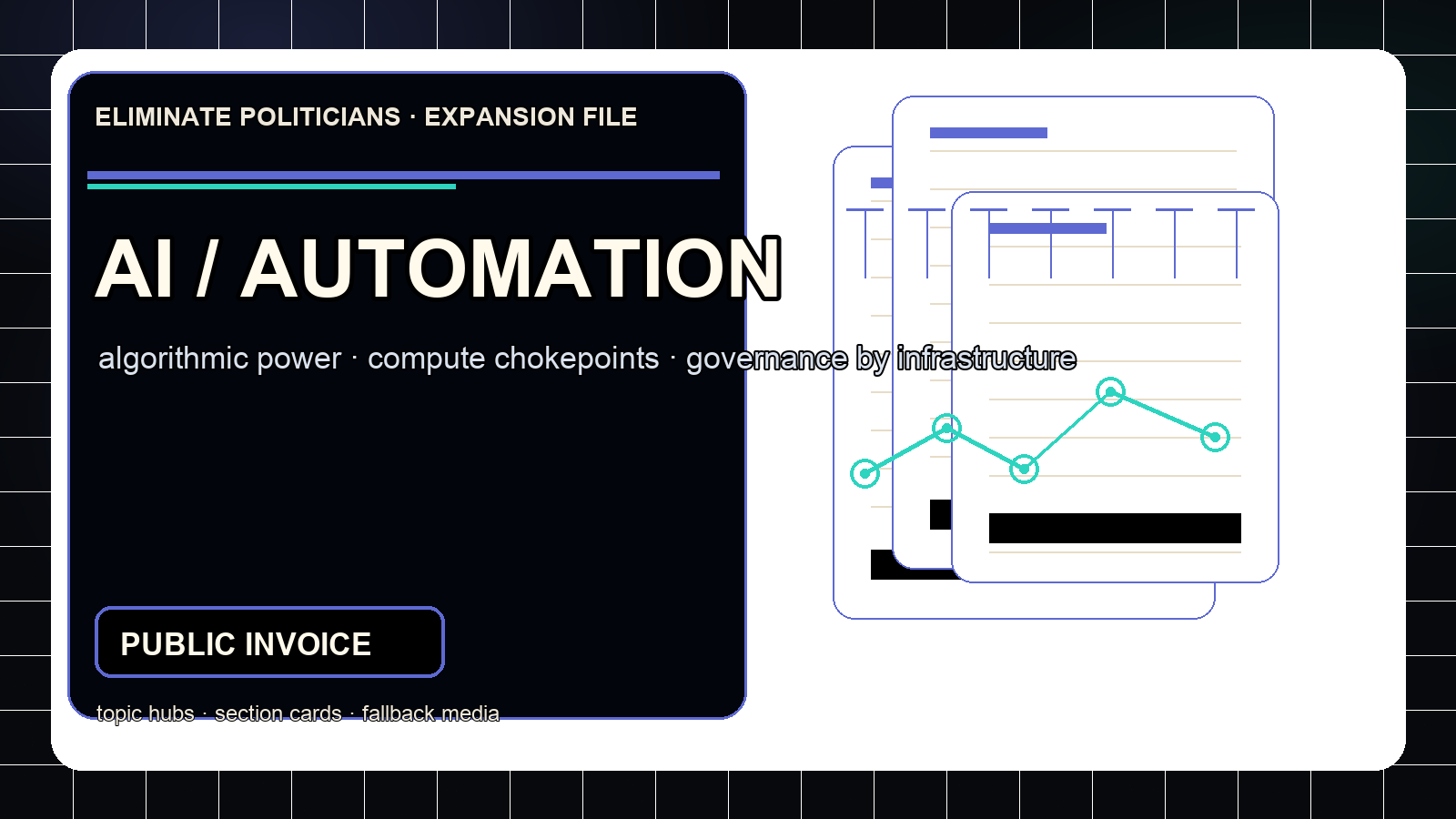 Dark editorial dossier graphic showing AI and automation as a power layer with compute nodes and institutional document marks.