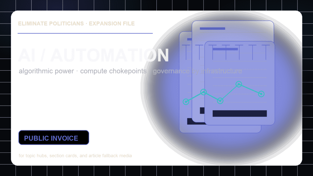 Dark editorial dossier graphic showing AI and automation as a power layer with compute nodes and institutional document marks.