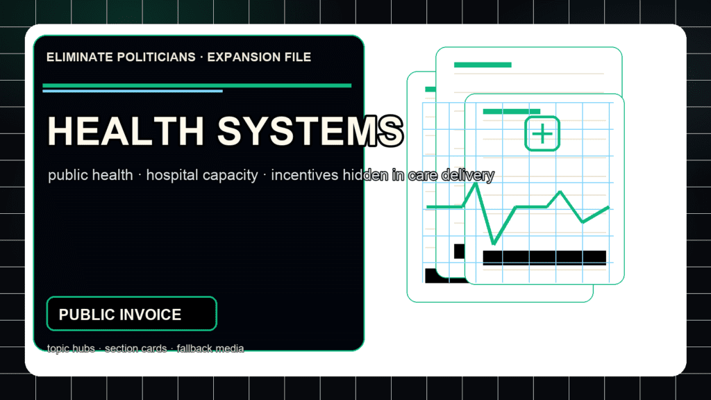 Dark editorial dossier graphic for health systems with clinical grid marks, capacity signals, and public-invoice document styling.