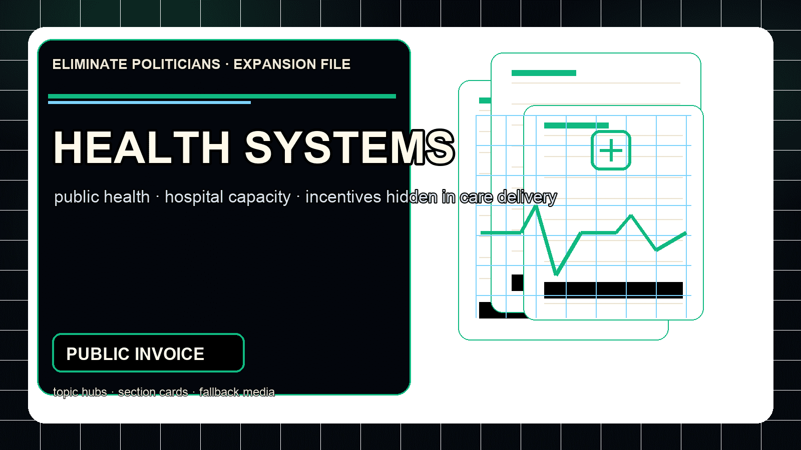 Dark editorial dossier graphic for health systems with clinical grid marks, capacity signals, and public-invoice document styling.