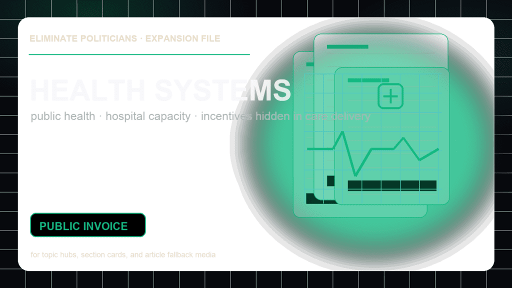 Dark editorial dossier graphic for health systems with clinical grid marks, capacity signals, and public-invoice document styling.