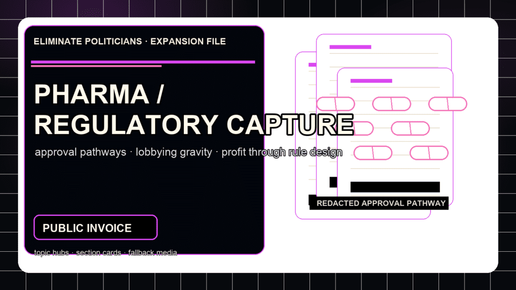 Dark editorial dossier graphic for pharmaceutical and regulatory capture with pill-like forms, hearing-room geometry, and redacted-paper texture.