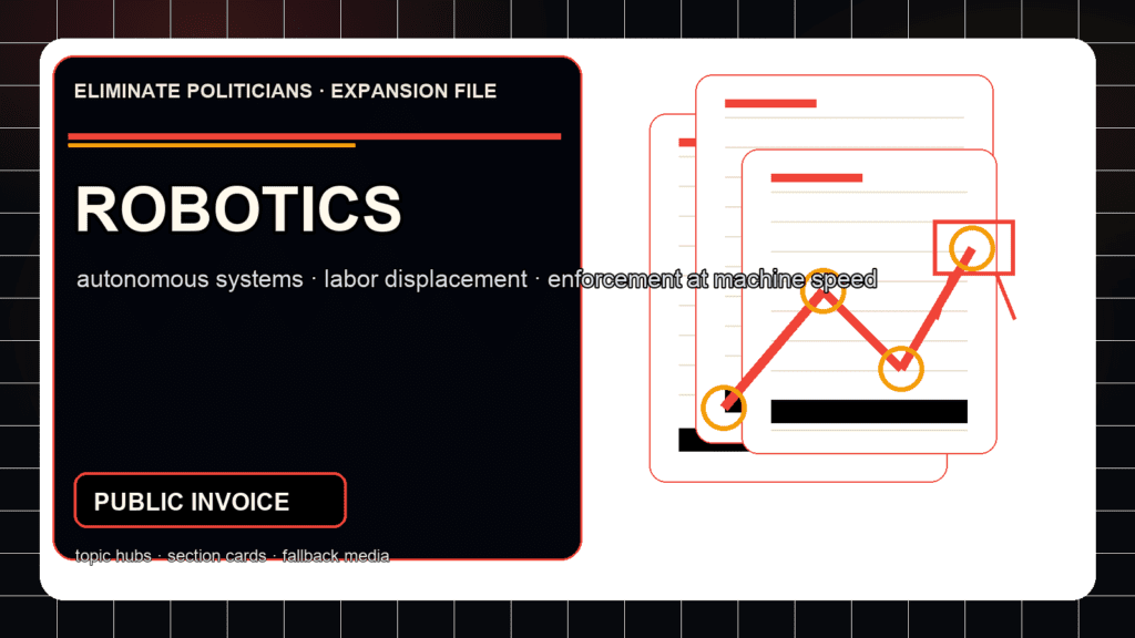 Dark editorial dossier graphic for robotics and autonomous systems with mechanical geometry, red warning lines, and policy document texture.