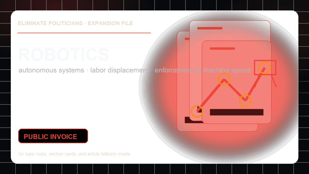 Dark editorial dossier graphic for robotics and autonomous systems with mechanical geometry, red warning lines, and policy document texture.